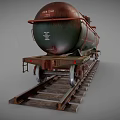 Industrial Railway Tank Car with Rusty Green Brown Exterior on Railroad Track and Ladder