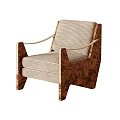 Elegant Leisure Chair Featuring Curved Wooden Armrests And Striped Beige Upholstery