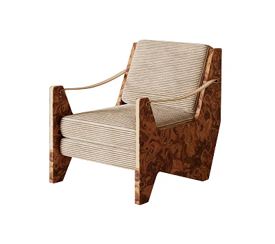 Elegant Leisure Chair Featuring Curved Wooden Armrests And Striped Beige Upholstery 3d model