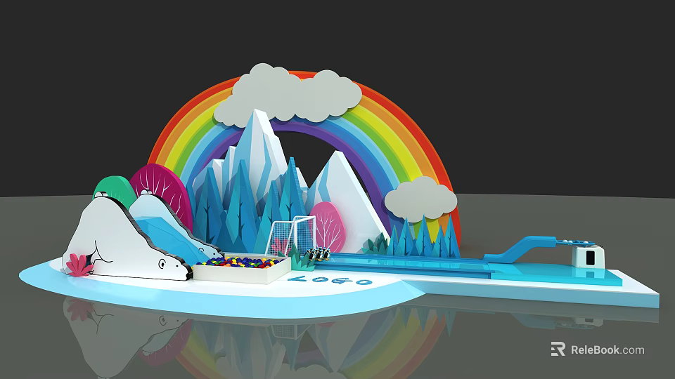Colorful Children's Play Area With Rainbow Clouds Ice Mountains Slide Pool And Polar Bear 3d model 