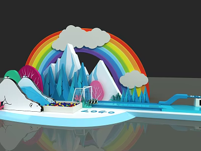 Colorful Children's Play Area With Rainbow Clouds Ice Mountains Slide Pool And Polar Bear 3d model