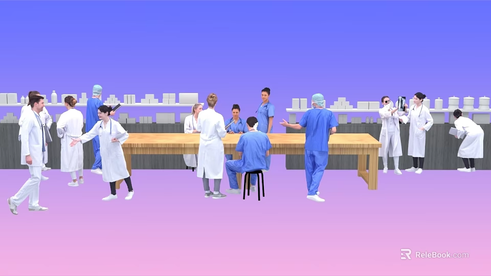 Man as Medical Professional With Team in White Coats And Blue Scrubs Around Long Table 3d model 