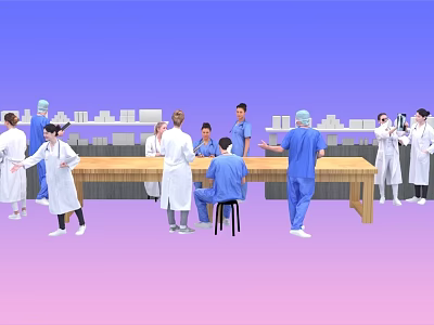 Man as Medical Professional With Team in White Coats And Blue Scrubs Around Long Table 3d model