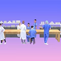 Man as Medical Professional With Team in White Coats And Blue Scrubs Around Long Table