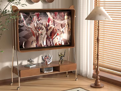 Television with Anime Characters on Screen on Wooden TV Stand with Wheels and Small Figurines 3d model