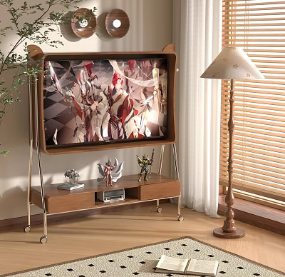 Television with Anime Characters on Screen on Wooden TV Stand with Wheels and Small Figurines 3d model