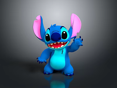 3D Rendered Blue Cartoon Character With Large Pink Ears Open Mouth And Waving Hand 3d model