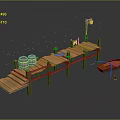 Wooden Dock Scene With Planks Barrels Small Boat And Flagpole
