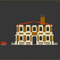Colorful Block House with Red Roof Yellow White Walls Windows Chimney and Red Car