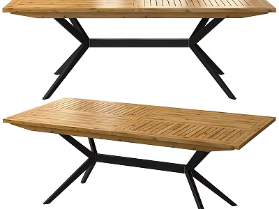 Modern Wooden Dining Table With Cross Design Black Metal Legs And Wood Grain Tabletop 3d model