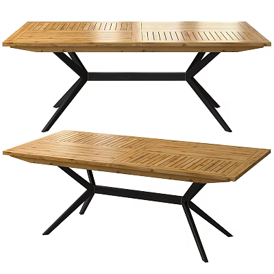 Modern Wooden Dining Table With Cross Design Black Metal Legs And Wood Grain Tabletop 3d model