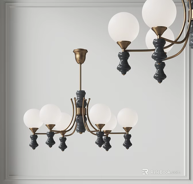 Modern Chandelier Design With White Globe Lights Brass Base And Black Accents 3d model