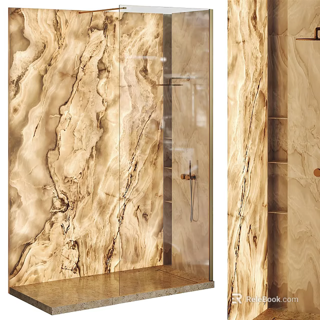 Modern Shower Sauna Interior With Marble Walls Glass Partition And Wooden Shelves 3d model 