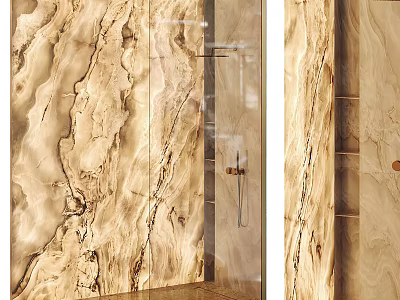 Modern Shower Sauna Interior With Marble Walls Glass Partition And Wooden Shelves 3d model