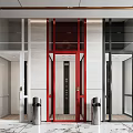 Modern Elevator Lobby Design With Red Glass Elevators And Marble Floor 3d model