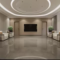 Hotel Public Lounge Interior With Modern Circular Ceiling Lighting Comfortable Sofas Armchairs And Decorative Painting