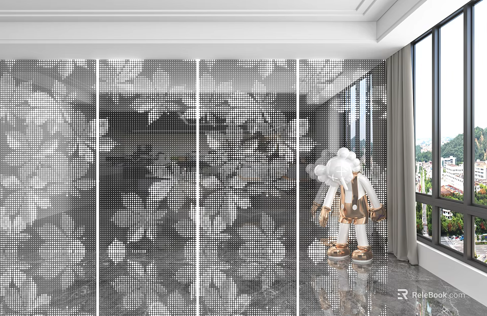 Modern Wall Panels with Floral Pattern in Interior and White Doll Near Window 3d model 