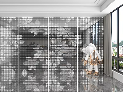 Modern Wall Panels with Floral Pattern in Interior and White Doll Near Window 3d model