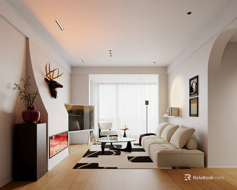 Modern Living Dining Room Interior With Sofa Coffee Table Fireplace And Floor To Ceiling Windows 3d model