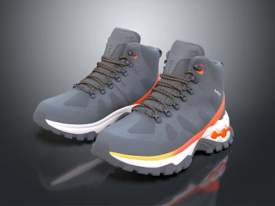 Gray High Top Sports Shoes With Brown Laces And Orange Yellow Accents On White Sole 3d model