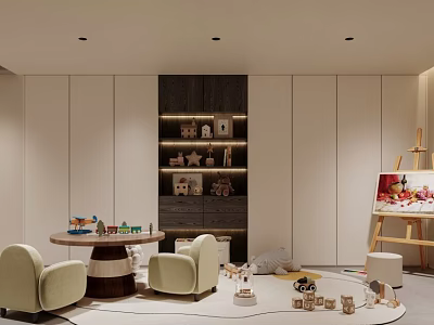 Cozy Entertainment Room Interior With Armchairs Round Rug Toys Easel And Display Shelves 3d model