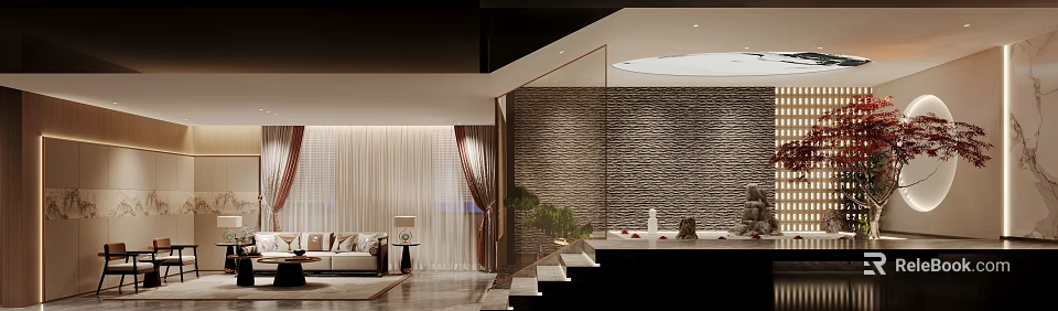 Modern Interior Design With Sofa Curtains Stone Wall And Green Plants 3d model 