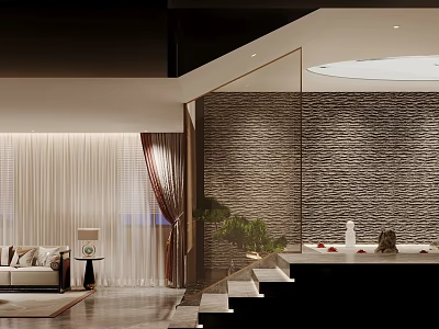 Modern Interior Design With Sofa Curtains Stone Wall And Green Plants 3d model