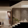 Modern Interior Design With Sofa Curtains Stone Wall And Green Plants