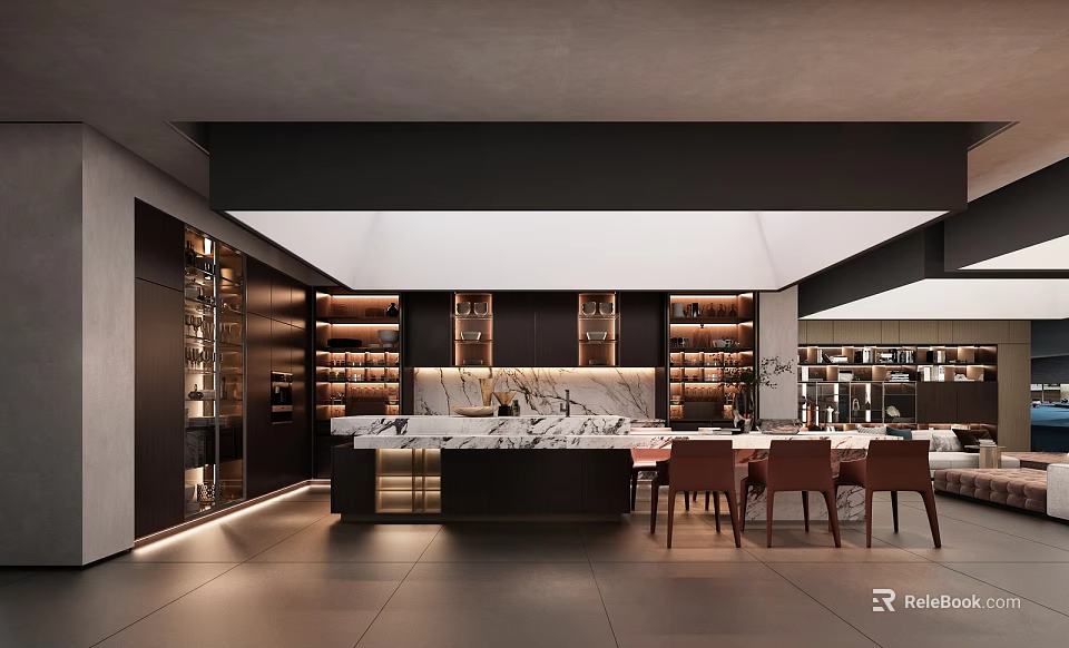 Modern Living And Dining Room Design With Marble Dining Table And Wooden Chairs 3d model 