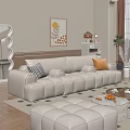 Modern White Sofa And Round Coffee Table Set With Decorative Pillows And Rug