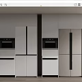 Modern Refrigerators And Freezers In Open Kitchen Interior With Cabinetry And Ovens