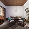 Elegant Hotel Mahjong Room Interior Design With Wooden Slat Ceiling Comfortable Chairs And Decorative Plants