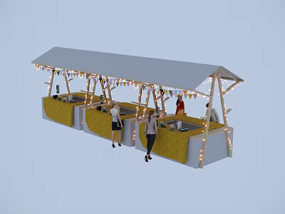 Outdoor Shop Window Display With Gray Awning Yellow Counter Colorful Bunting And String Lights 3d model
