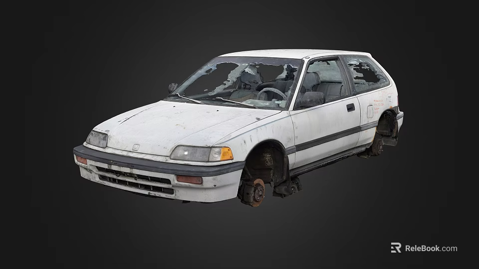 White Damaged Old Hatchback Car With Broken Windows And Rusty Wheels 3d model 