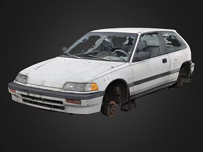 White Damaged Old Hatchback Car With Broken Windows And Rusty Wheels 3d model