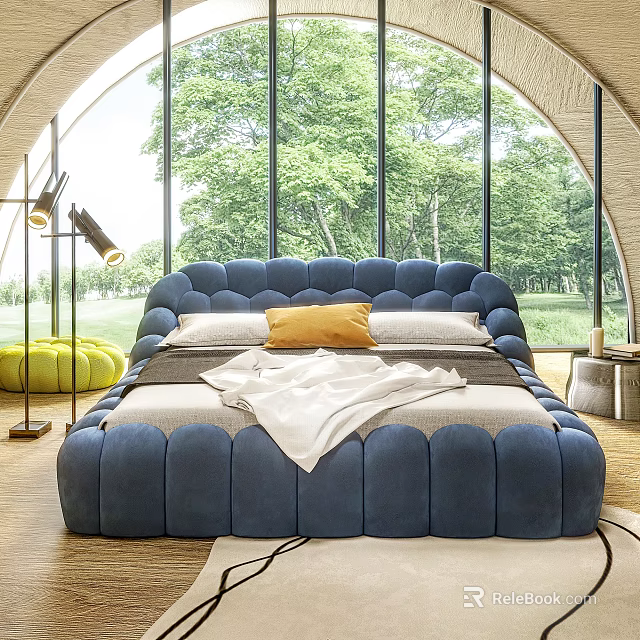 Blue Upholstered Double Bed with Yellow Pillow White Blanket and Large Windows Green Trees View 3d model 