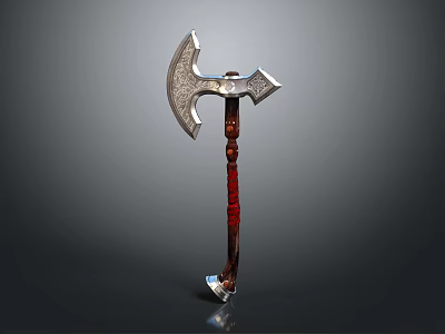 Medieval Battle Axe With Shiny Metal Blade And Red Accented Wooden Handle 3d model