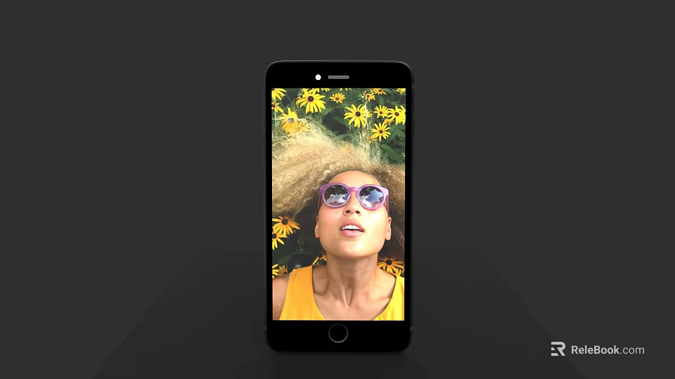 Black Smartphone Screen Displaying Person With Curly Hair And Purple Sunglasses Against Yellow Flowers Background 3d model 