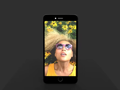 Black Smartphone Screen Displaying Person With Curly Hair And Purple Sunglasses Against Yellow Flowers Background 3d model