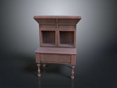 Classic Vintage Wooden Cabinet With Open Compartments Drawer And Turned Legs 3d model