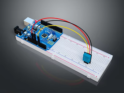 Blue Electronic Circuit Board With White Breadboard Connecting Wires And Components 3d model
