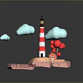 Red White Striped Lighthouse On Island With Red House Small Boat Blue Water And Clouds