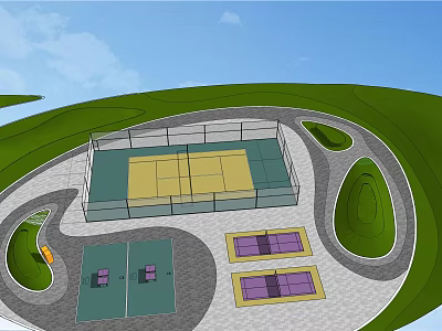 Park Landscape With Fenced Sports Court Curved Pathways Green Lawns And Parking Areas 3d model