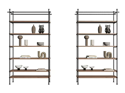Modern Industrial Shelving Units With Metal Frames And Wooden Shelves Displaying Vases Bowls And Books 3d model