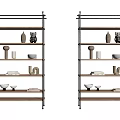 Modern Industrial Shelving Units With Metal Frames And Wooden Shelves Displaying Vases Bowls And Books