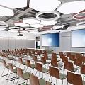 Modern Conference Room Interior With Rows Of Chairs Large Screens And Circular Ceiling Lights