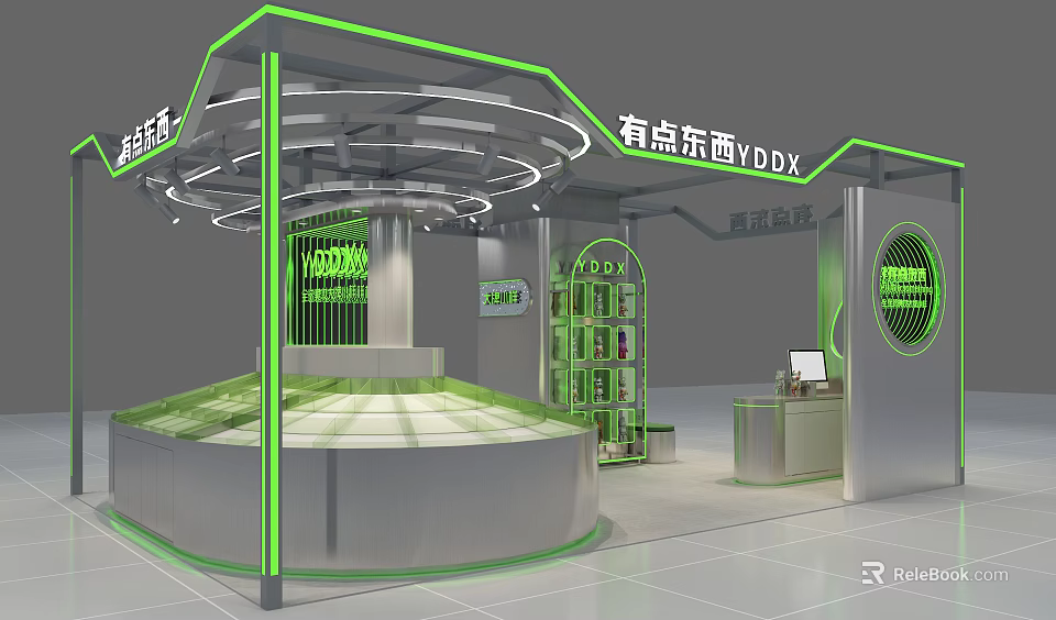 YDX Specialty Store Modern Interior With Green Accents Silver Displays And Circular Lighting 3d model 