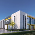 Modern White And Yellow Exterior Industrial Factory Building With Large Glass Windows And Neat Hedges