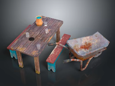 Vintage Wooden Table with Clay Pot Glasses Red Blue Bench and Rusty Wheelbarrow 3d model