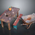 Vintage Wooden Table with Clay Pot Glasses Red Blue Bench and Rusty Wheelbarrow